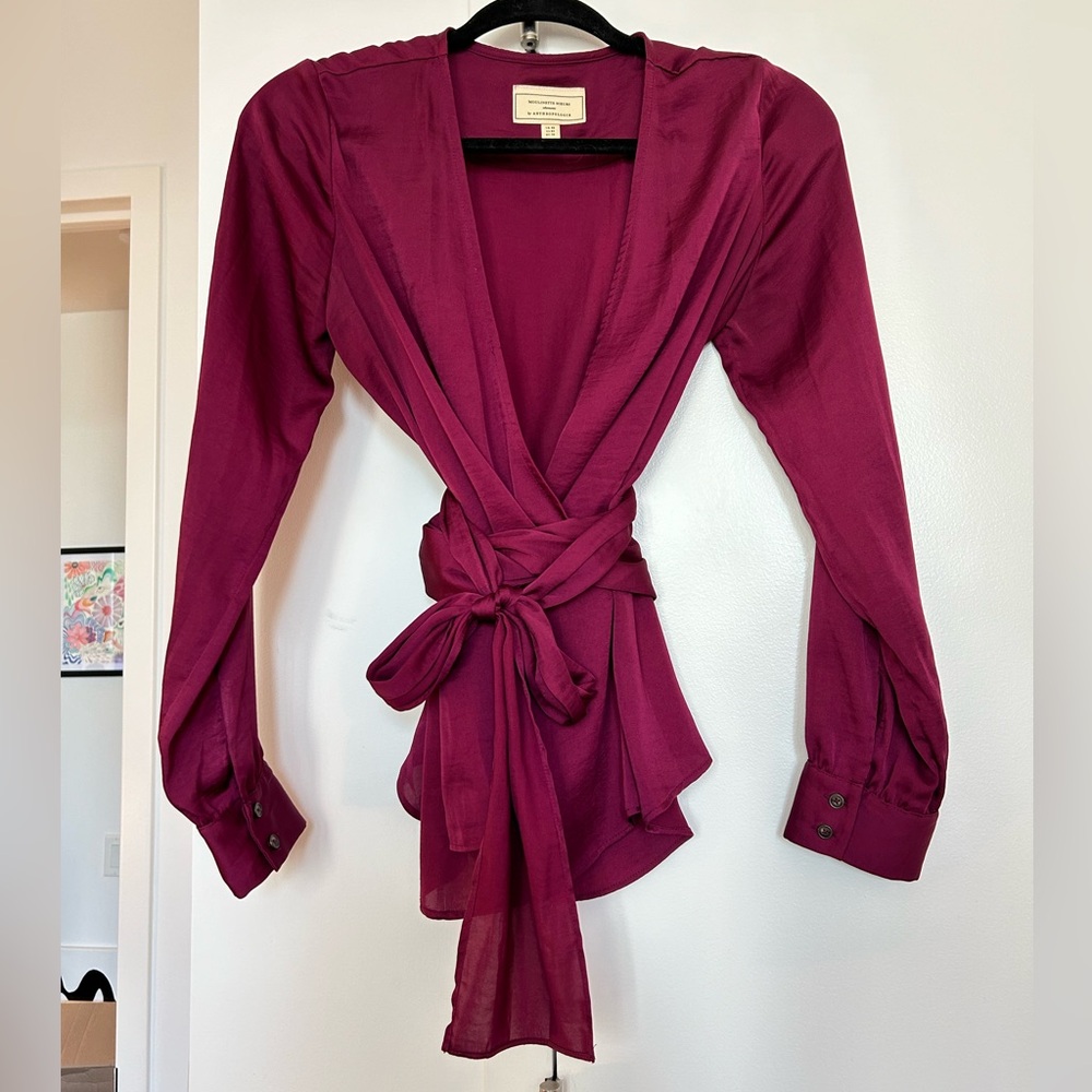 Anthropologie Plum Wrap Tie Front Long Sleeve Blouse